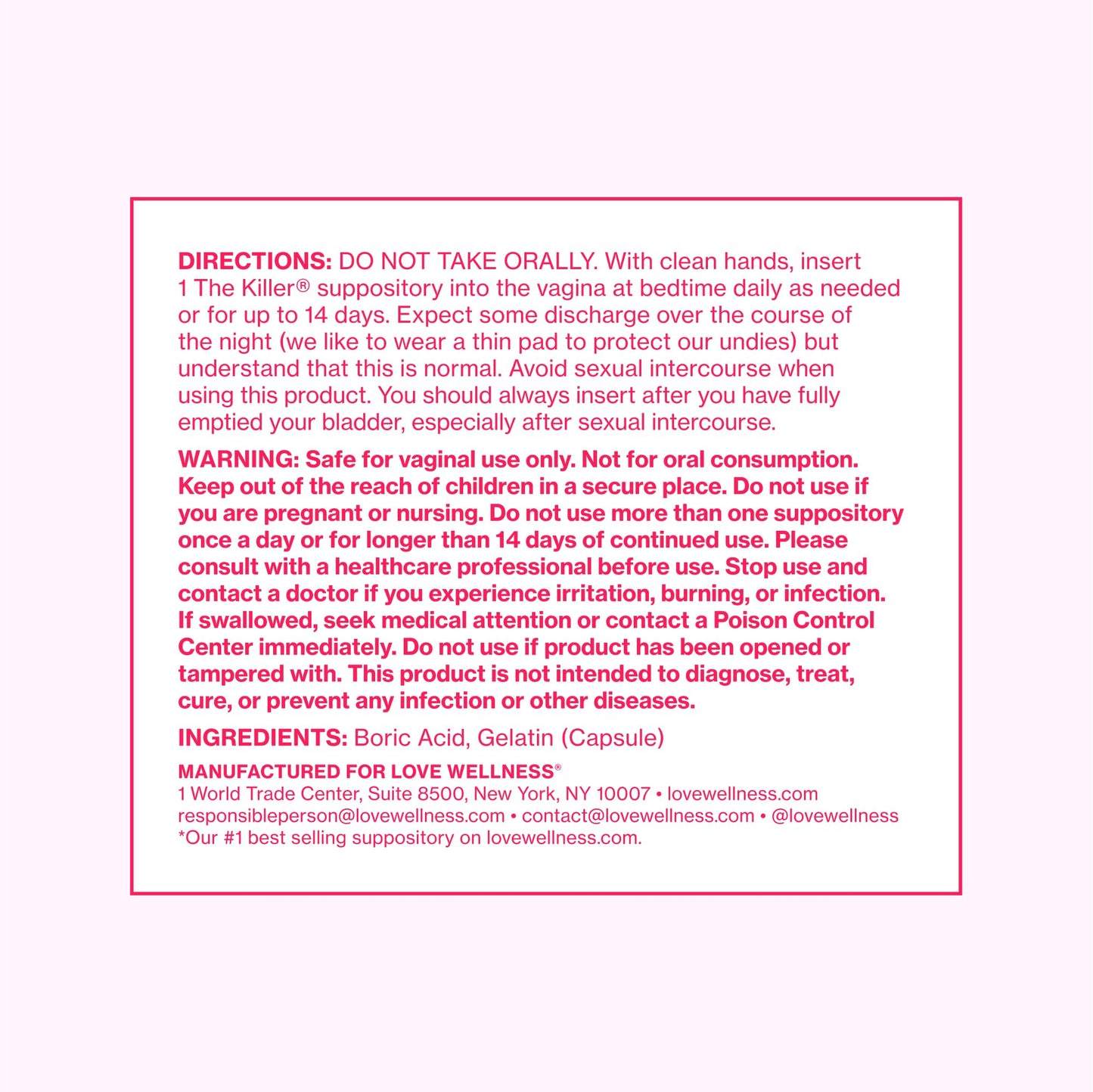 Love Wellness The Killer | 600mg Boric Acid Vaginal Suppositories | Balances pH & Supports Odor Control, a Healthy Vaginal Balance | Fast-Acting & Fragrance-Free | Gentle & Effective | 28 Ct Love WellnessBuy Supplements Australia