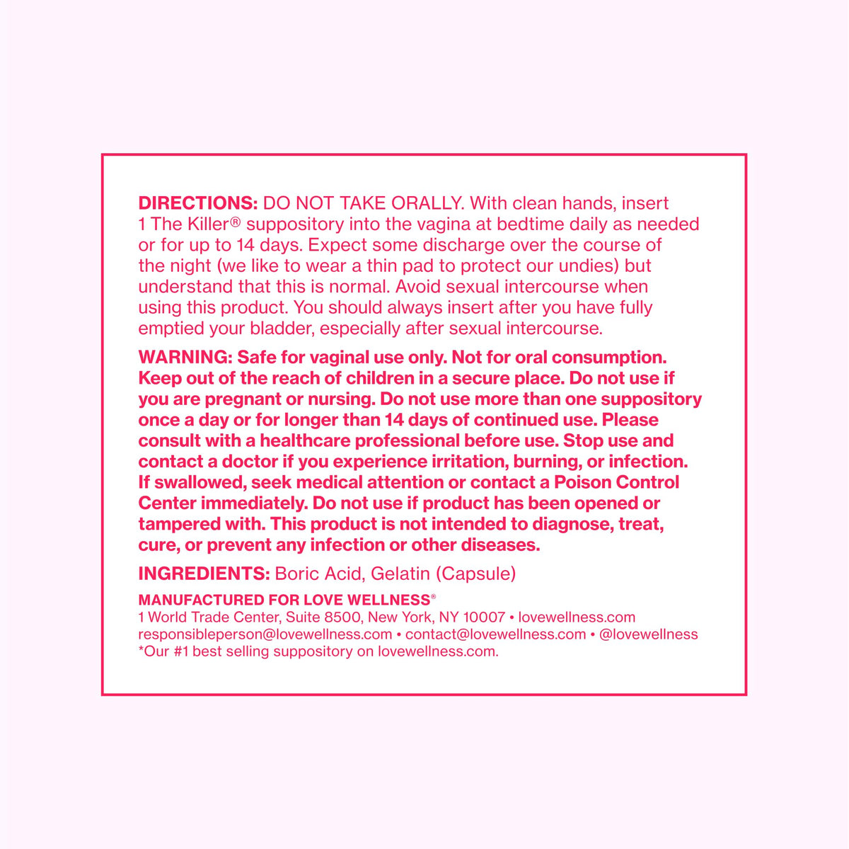 Love Wellness The Killer | 600mg Boric Acid Vaginal Suppositories | Balances pH & Supports Odor Control, a Healthy Vaginal Balance | Fast-Acting & Fragrance-Free | Gentle & Effective | 28 Ct Love WellnessBuy Supplements Australia