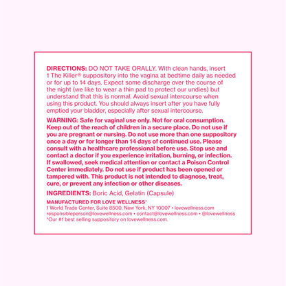 Love Wellness The Killer | 600mg Boric Acid Vaginal Suppositories | Balances pH & Supports Odor Control, a Healthy Vaginal Balance | Fast-Acting & Fragrance-Free | Gentle & Effective | 28 Ct Love WellnessBuy Supplements Australia