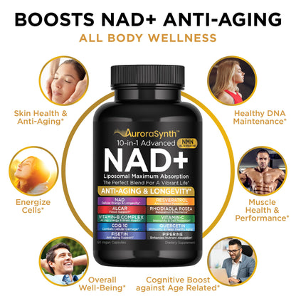 NAD+ Supplement Liposomal Capsules - Max Absorption for Cellular Energy, Healthy Aging, Brain Function & DNA Health - Vegan, Non-GMO, Gluten-Free Supplement - 60 Capsules - Supports NAD Levels AuroraSynthBuy Supplements Australia