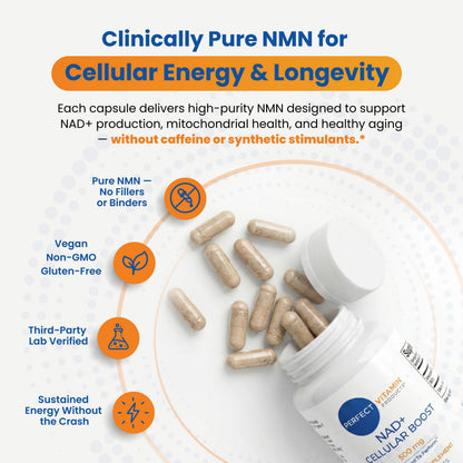 Perfect Vitamin Products NAD+ Cellular Boost – 500mg NMN Supplement for NAD+ Support, Cellular Energy, Brain Clarity & Anti-Aging – Longevity & Recovery Support – 90 Vegan Capsules (30 Servings) Perfect Vitamin ProductsBuy Supplements Australia