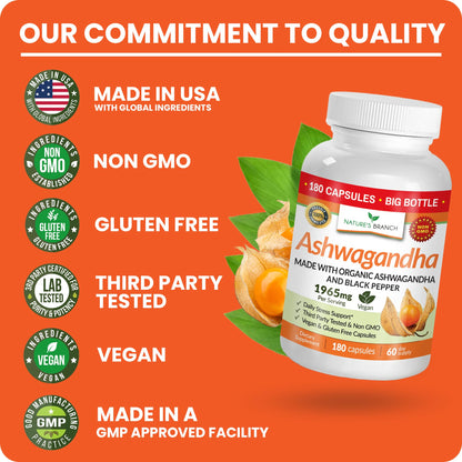 UDAF Certified Organic Ashwagandha with Black Pepper, 1965mg - Extra Strength for Stress, Sleep, Mood, Thyroid, Energy, Hair, Vegan Pure Root Extract Powder Supplement for Men and Women | 180 Capsules NATURE'S BRANCHBuy Supplements Australia