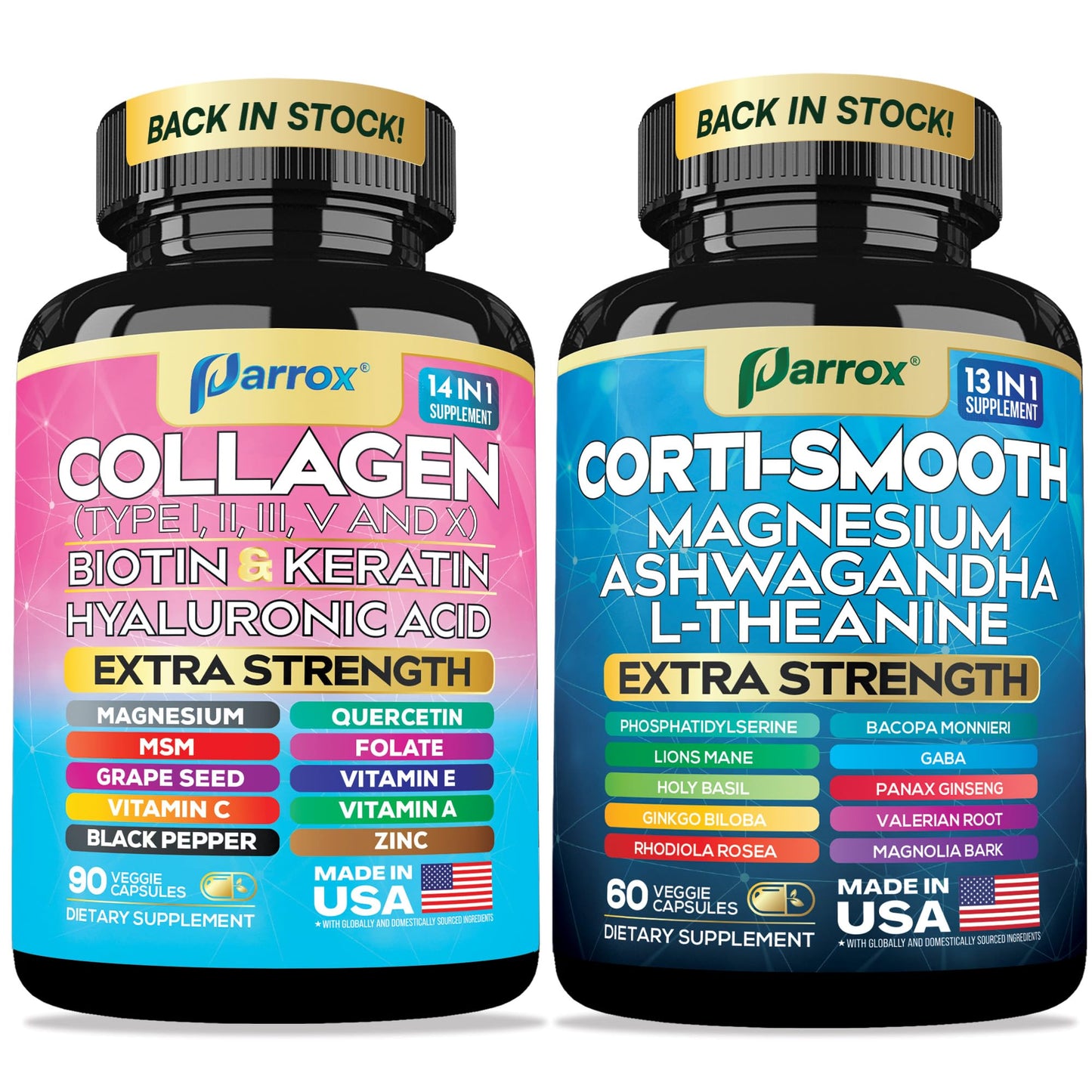 Parrox Shining Serenity Set, Cortisol Support with Ashwagandha, L-Theanine, Magnesium, Lions Mane, GABA, Bacopa Monnieri, Collagen I, II, III, V, X, Folate, Biotin, Keratin, Hyaluronic Acid, Quercetin ParroxBuy Supplements Australia