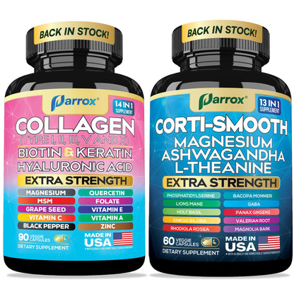 Parrox Shining Serenity Set, Cortisol Support with Ashwagandha, L-Theanine, Magnesium, Lions Mane, GABA, Bacopa Monnieri, Collagen I, II, III, V, X, Folate, Biotin, Keratin, Hyaluronic Acid, Quercetin ParroxBuy Supplements Australia