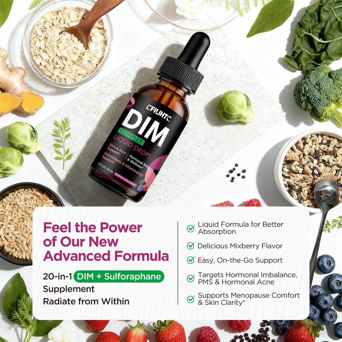 DIM Liquid Drops Supplement Women – Hormone Harmony for Women & Acne Supplements with Multivitamins, Inositol, Sulforaphane - Hormone Balance, Clear Skin & Mood Support, Mixed Berry Flavor 2 Fl Oz CFILIHTCBuy Supplements Australia
