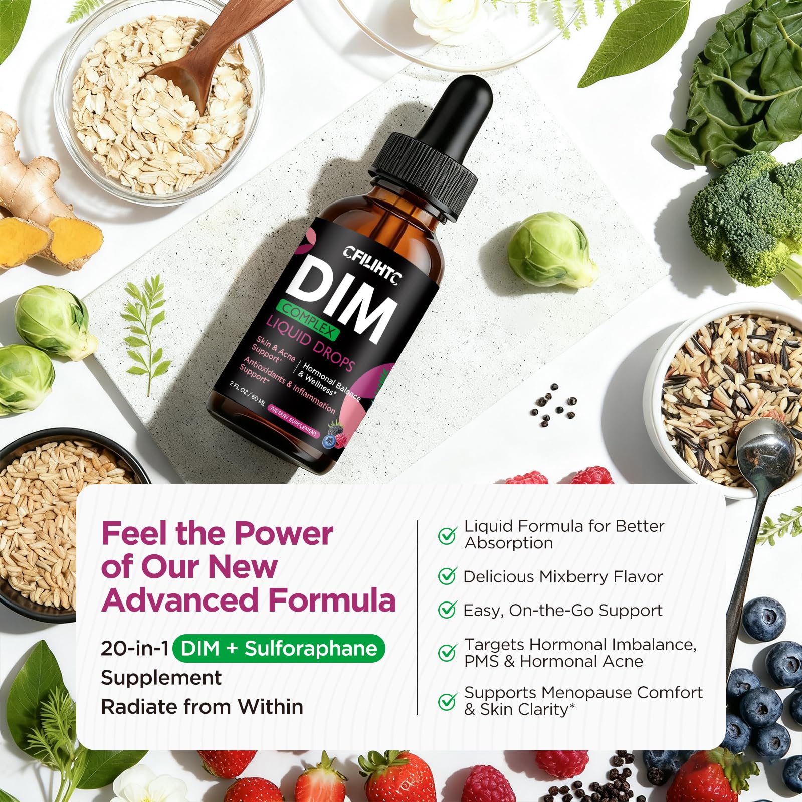 DIM Liquid Drops Supplement Women – Hormone Harmony for Women & Acne Supplements with Multivitamins, Inositol, Sulforaphane - Hormone Balance, Clear Skin & Mood Support, Mixed Berry Flavor 2 Fl Oz CFILIHTCBuy Supplements Australia