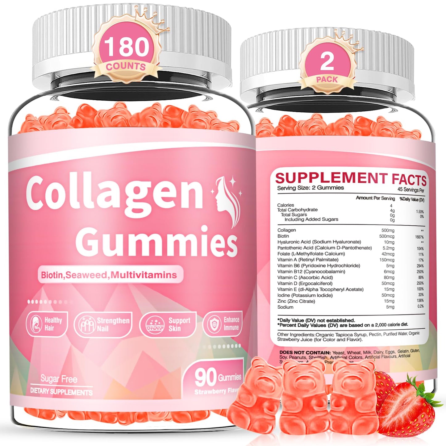 WyuuKi 180 Count Collagen Gummies Collagen Protein Type I II III V X with Biotin Vitamin C A B D E Keratin Hyaluronic Acid for Hair Skin Nails Joint Immune Digestion Women Men Sugar Free Strawberry WyuuKi buy supplements Au