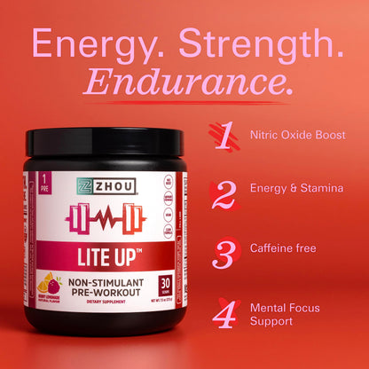 Zhou Nutrition Lite Up, Non-Stimulant Pre Workout Powder, Caffeine Free Nitric Oxide Zhou NutritionBuy Supplements Australia