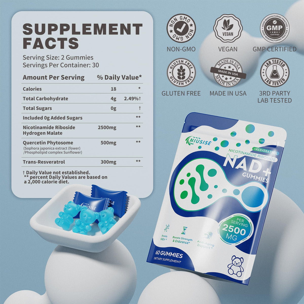 NIUSISE NAD Gummies Sugar Free, NAD+ Supplement with Liposomal Nicotinamide Riboside, Resveratrol, Quercetin, NAD Supplement for Anti-Aging, Energy, Cellular Health, Blueberry Flavor, 60 Gummies NIUSISEBuy Supplements Australia