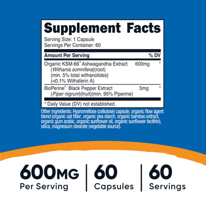 Nutricost KSM-66 Ashwagandha Root Extract 600mg, 60 Veggie Caps - 5% Withanolides - with BioPerine - Full-Spectrum Root Extract NutricostBuy Supplements Australia