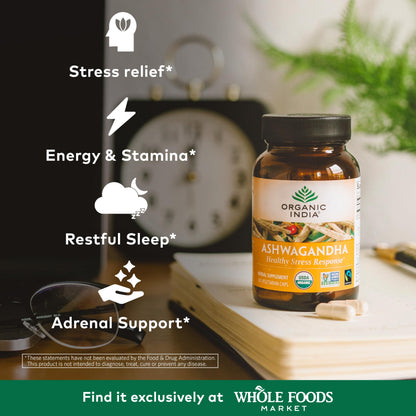 ORGANIC INDIA Ashwagandha Capsules - Organic Ashwagandha Supplement - Vegan Ashwagandha Root, Gluten-Free, Kosher, Non-GMO, Supports Stress Relief, Energy, and Sleep - 60 Capsules ORGANIC INDIABuy Supplements Australia