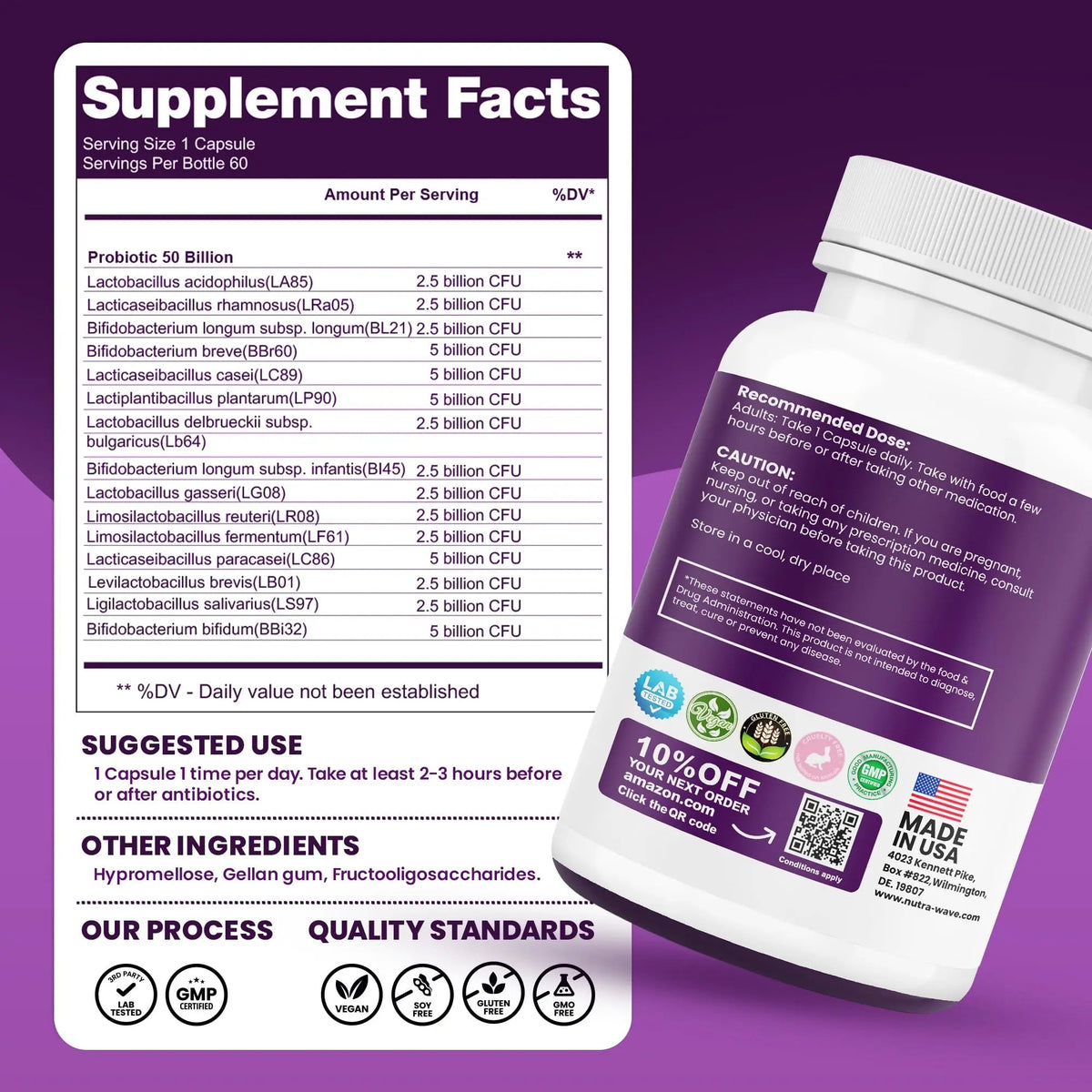 Nutrawave 50 Billion Probiotics for Women & Men, 15 Strains Active Culture. Relieves Bloating & Constipation, Improved Digestion & Gut Health Supplement, Vegan. 60 Powerful Small Capsules. Nutra WaveBuy Supplements Australia