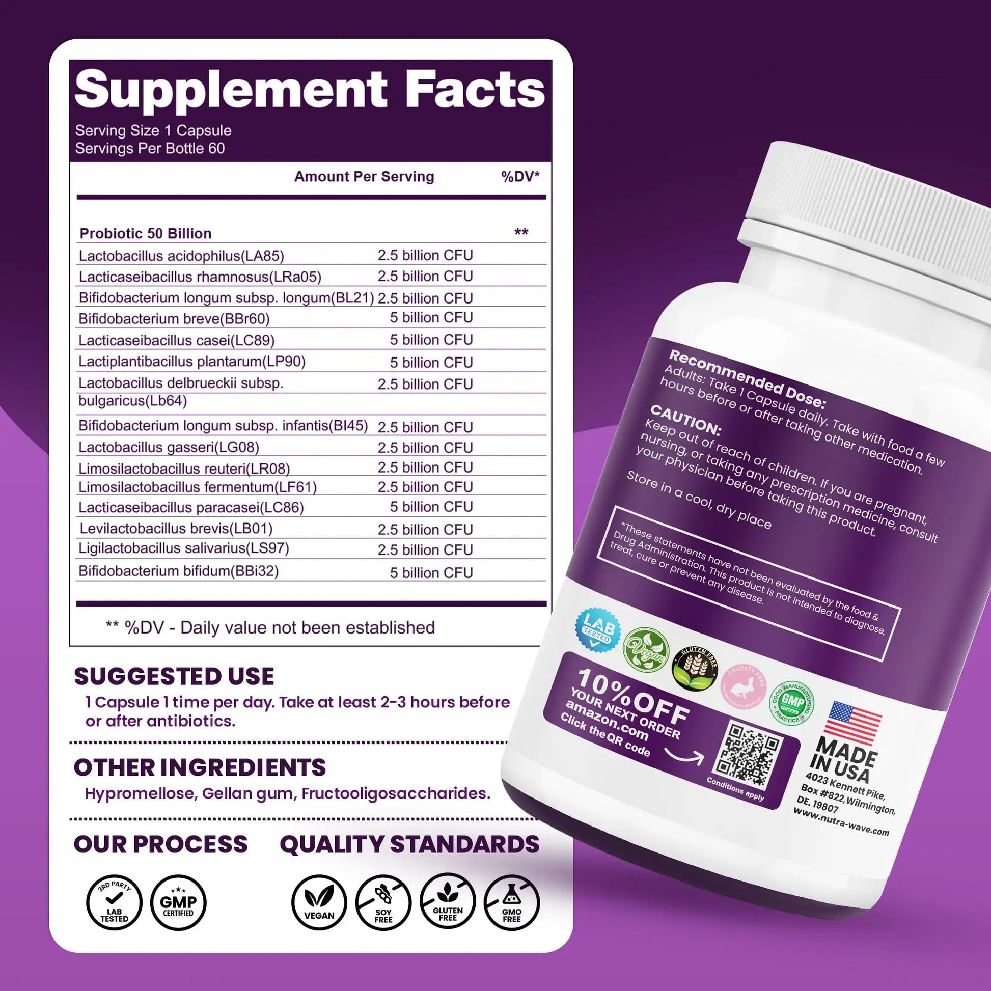Nutrawave 50 Billion Probiotics for Women & Men, 15 Strains Active Culture. Relieves Bloating & Constipation, Improved Digestion & Gut Health Supplement, Vegan. 60 Powerful Small Capsules. Nutra WaveBuy Supplements Australia