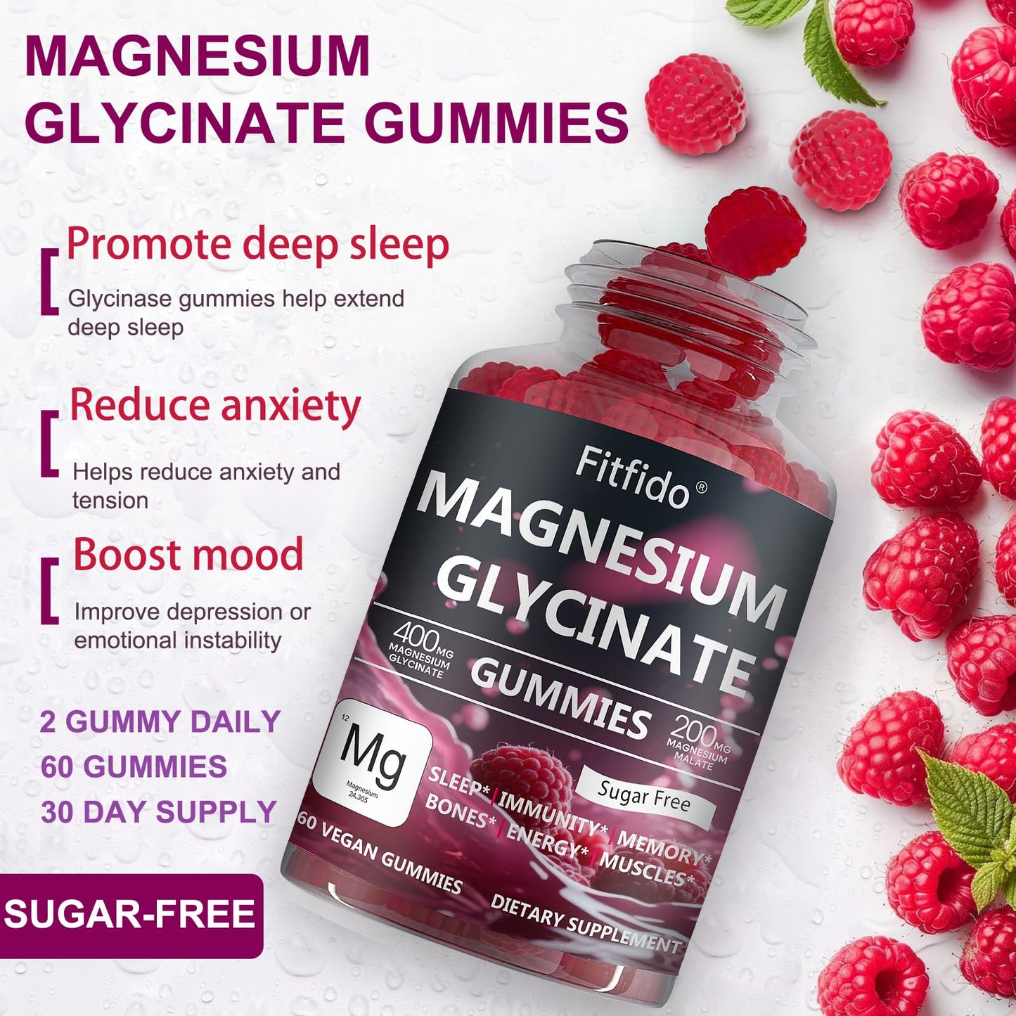 Magnesium Glycinate Gummies 400mg, Chewable Sugar Free Magnesium Supplement with Magnesium Glycinate, Magnesium Malate and Protein for Sleep, Relaxation, Brain & Muscle - Vegan (60 Count, Raspberry) FitfidoBuy Supplements Australia
