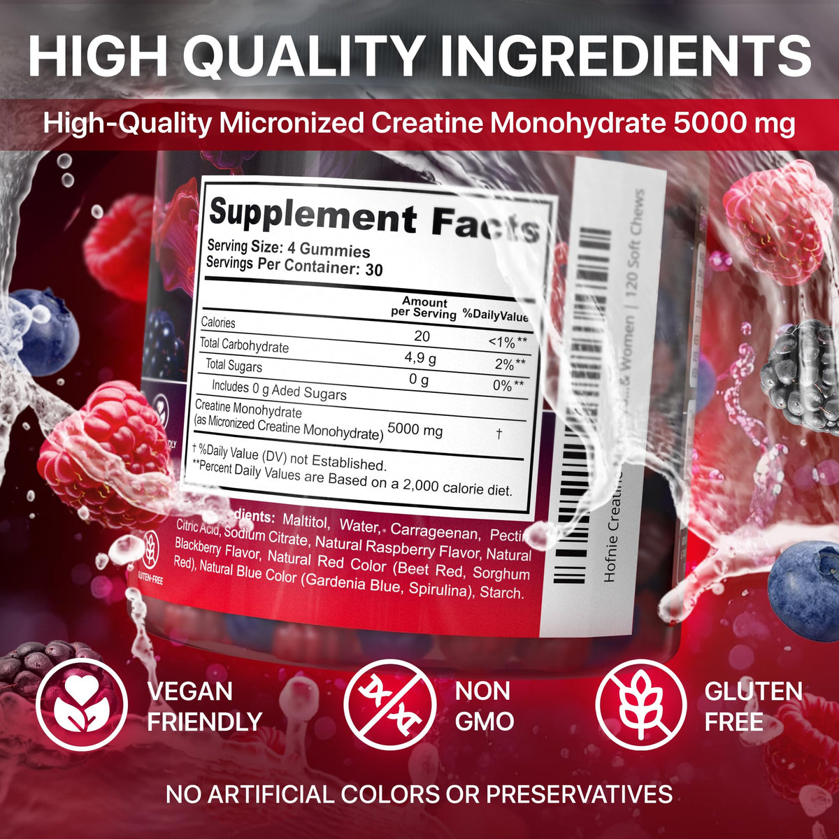 Hofnie Creatine Monohydrate Gummies 5000 mg – Vegan, Sugar-Free Pre Workout Creatine for Men & Women – Raspberry & BlackBerry Flavored Chewable Creatine Monohydrate, 120 Gummies (30-Day Supply) HofnieBuy Supplements Australia