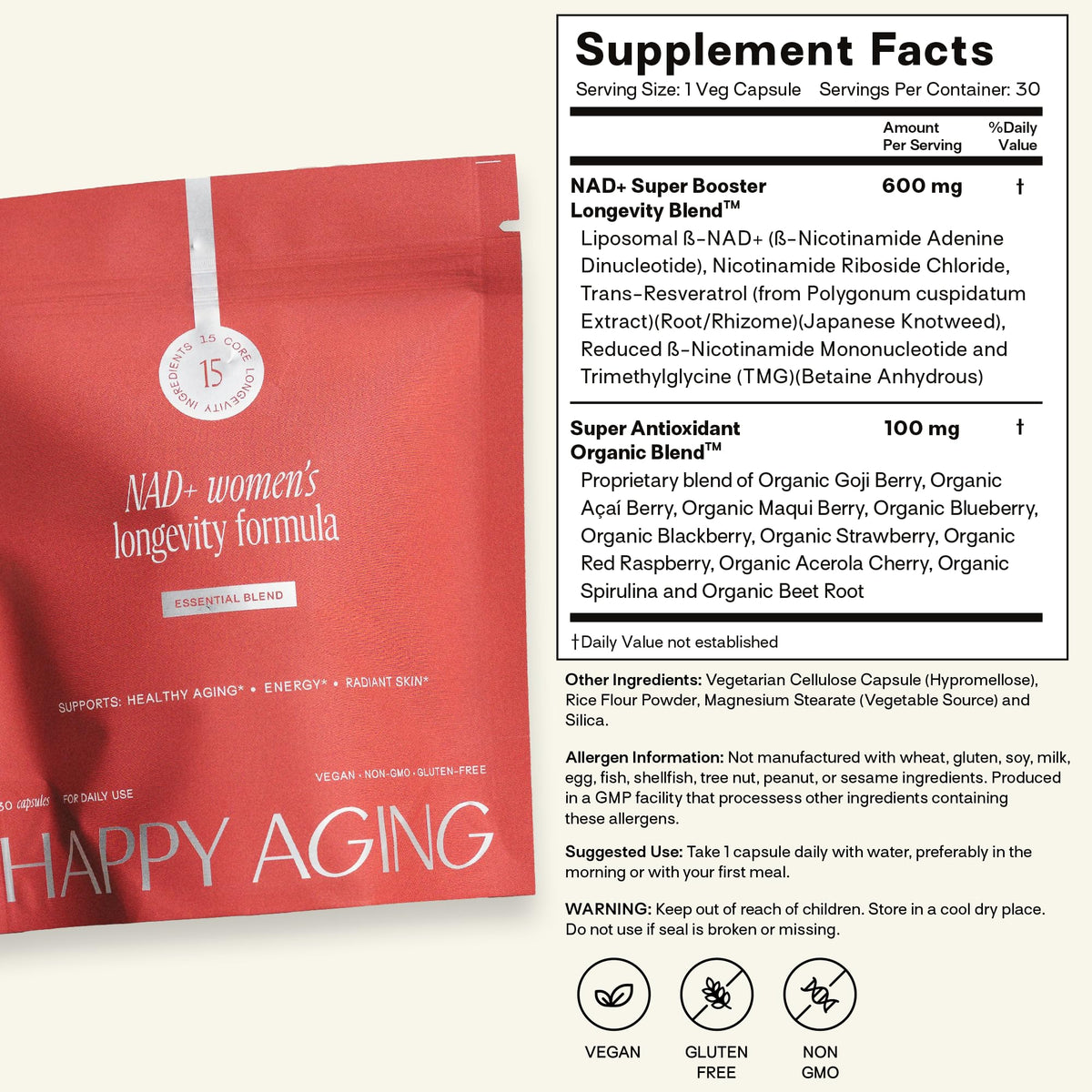 Happy Aging Essential Longevity Formula, NAD+ Super Booster with NR, NMNH & Liposomal β-NAD+, Organic Antioxidant Superfruit Blend for Cellular Energy, Skin Hydration & Daily Vitality, 30 Capsules Happy AgingBuy Supplements Australia
