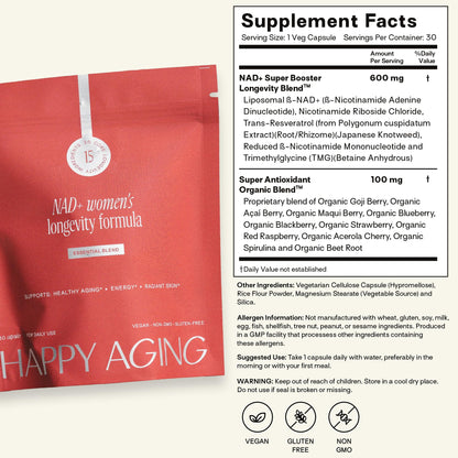 Happy Aging Essential Longevity Formula, NAD+ Super Booster with NR, NMNH & Liposomal β-NAD+, Organic Antioxidant Superfruit Blend for Cellular Energy, Skin Hydration & Daily Vitality, 30 Capsules Happy AgingBuy Supplements Australia