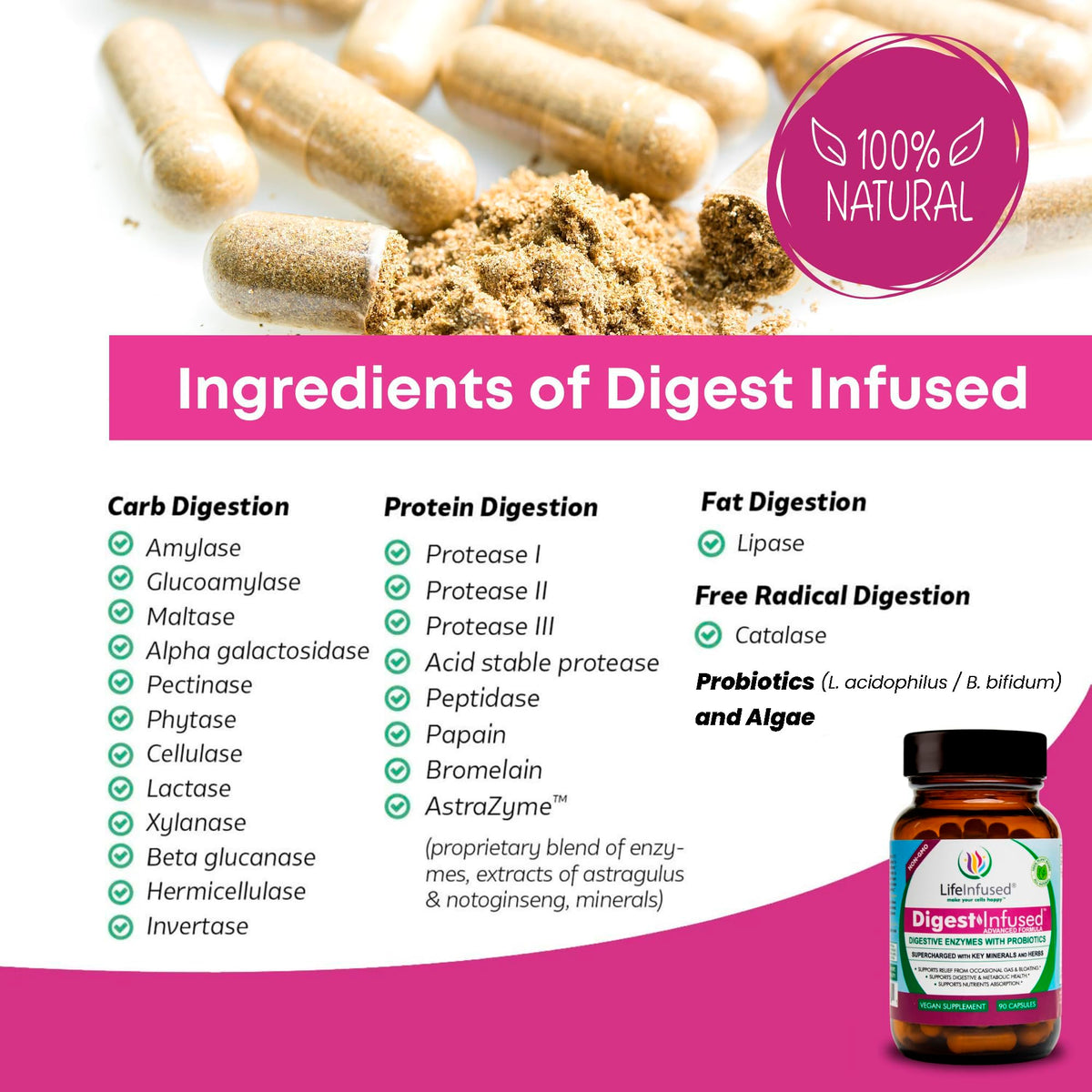 Life Infused Digestive Enzymes with Probiotics – 21 Plant-Based Enzymes with Bromelain, Papain, Amylase & Protease – Digestive Support for Gas & Bloating –
