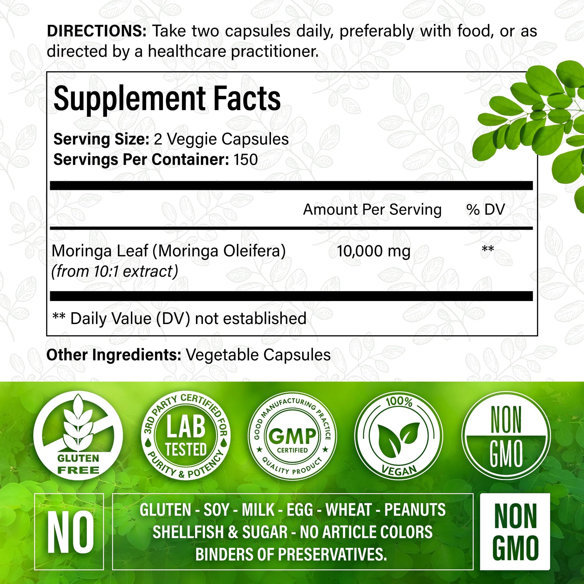 Moringa Capsules| Moringa Oleifera |10,000mg| 300 Capsules| 100% Pure| Non-GMO FitVitalityBuy Supplements Australia