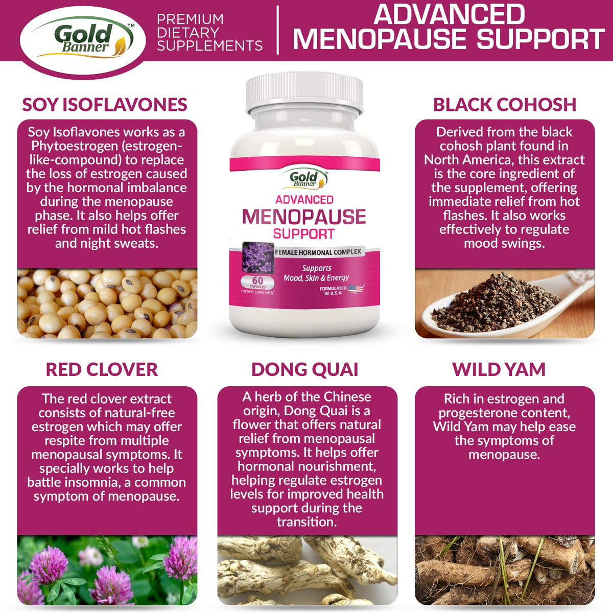 Advanced Menopause Support - Natural Female Hormonal Complex for Hot Flashes, Mood Swings & Vaginal Dryness - Black Cohosh, Soy Isoflavones & Herbal Extract Formula - Does Not Include Hormones Gold BannerBuy Supplements Australia