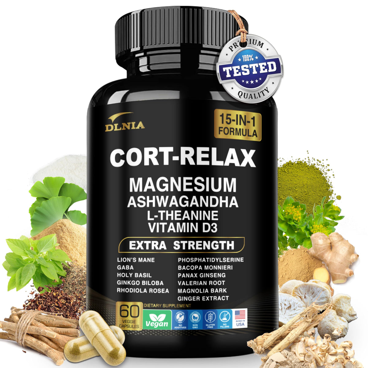 DLNIA Super Calm Cortisol Supplement with Magnesium Glycinate, Ashwagandha KSM-66, L-Theanine, Phosphatidylserine, Ginkgo Biloba & Lions Mane for Calm, Focus, Mental Clarity, Relaxation, Sleep, Energy DLNIABuy Supplements Australia