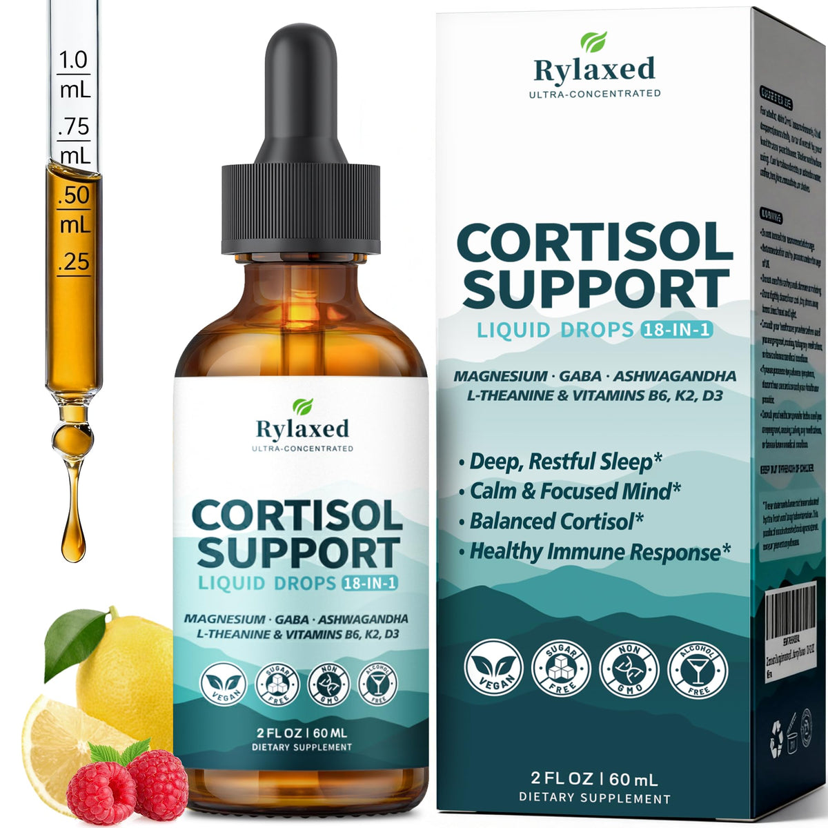 Cortisol Supplements for Women & Men, 18 in 1 Stress & Mood Support Drops with Magnesium 480mg, GABA, Ashwagandha, L-Theanine & Phosphatidylserine, for Relaxation & Sleep, Lemon Raspberry Flavor 60mL RylaxedBuy Supplements Australia