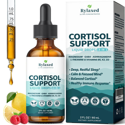 Cortisol Supplements for Women & Men, 18 in 1 Stress & Mood Support Drops with Magnesium 480mg, GABA, Ashwagandha, L-Theanine & Phosphatidylserine, for Relaxation & Sleep, Lemon Raspberry Flavor 60mL RylaxedBuy Supplements Australia