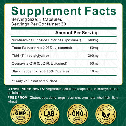 NBOOCUP NAD Supplement - 1010mg Nicotinamide Riboside Chloride Complex, Liposomal NR Supplements, Resveratrol NAD+ for Anti Aging, Cellular Energy, Skin, Focus - 90 Capsules NBOOCUPBuy Supplements Australia