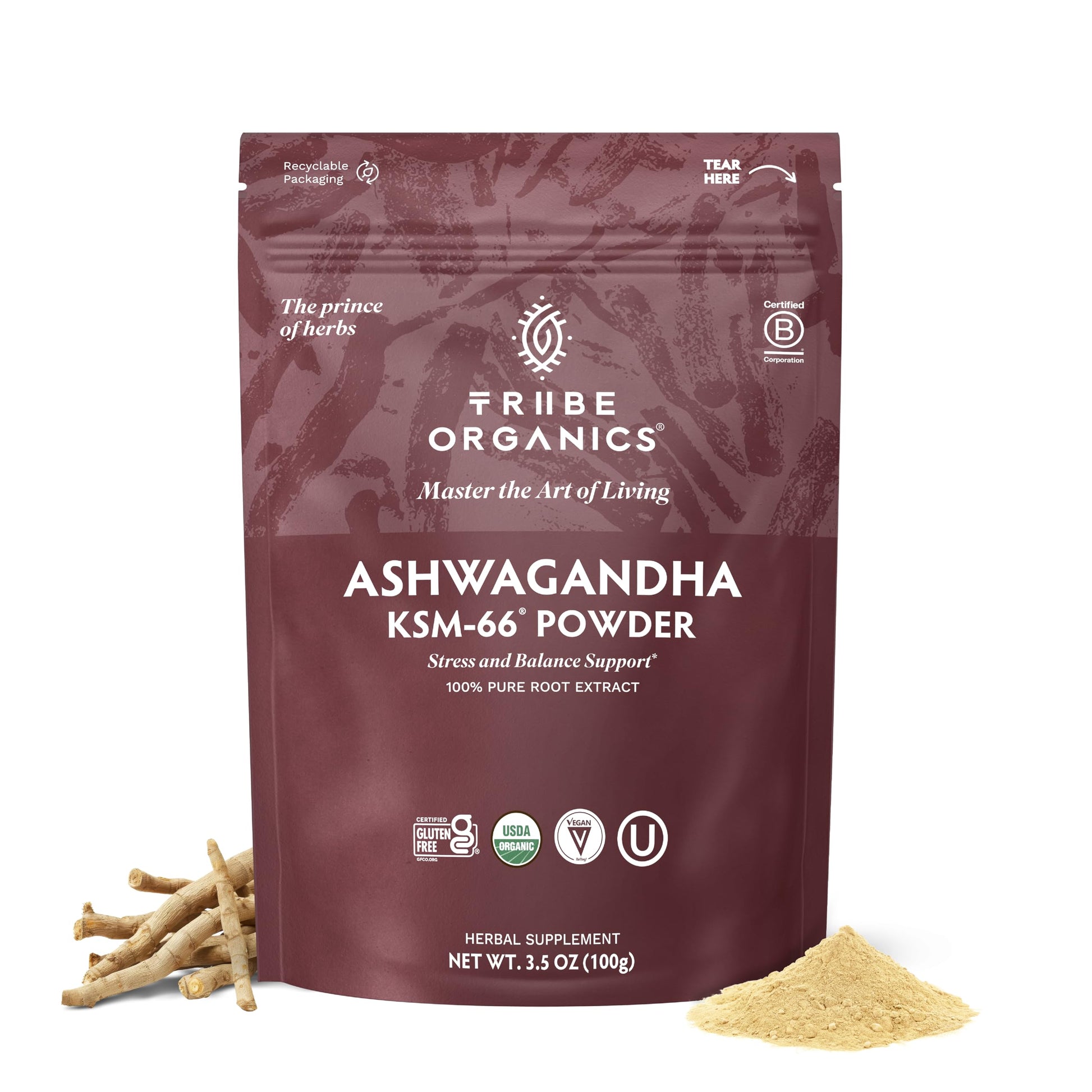 TRIBE ORGANICS KSM-66 Ashwagandha Root Extract Powder Ayurvedic Herb for Mood Support | Increase Energy | Strength - Organic | Natural | Gluten Free | Non GMO | Full-Spectrum - 100g Pouch TRIBE ORGANICSBuy Supplements Australia