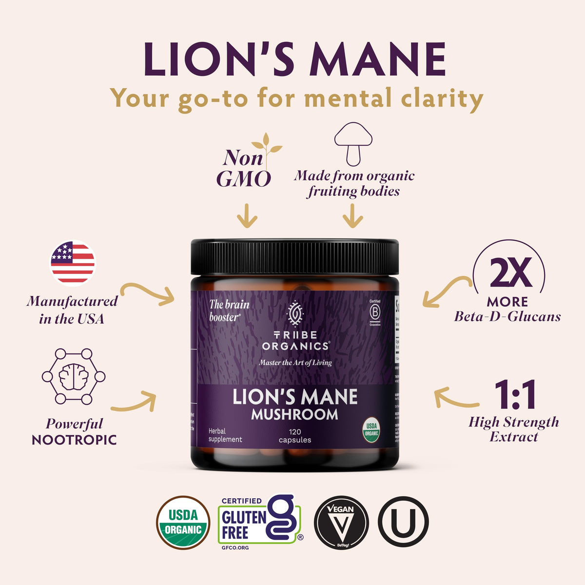 TRIBE ORGANICS Lion’s Mane Supplement 1000mg Mushroom Extract Powder - Immune System Booster & Brain Nootropic for Focus and Memory | Mental Clarity | Natural Energy and Immunity - 120 Vegan Capsules TRIBE ORGANICSBuy Supplements Australia