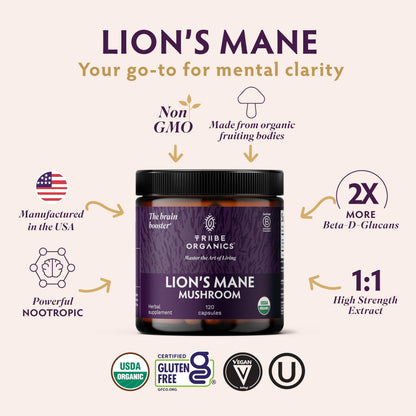 TRIBE ORGANICS Lion’s Mane Supplement 1000mg Mushroom Extract Powder - Immune System Booster & Brain Nootropic for Focus and Memory | Mental Clarity | Natural Energy and Immunity - 120 Vegan Capsules TRIBE ORGANICSBuy Supplements Australia