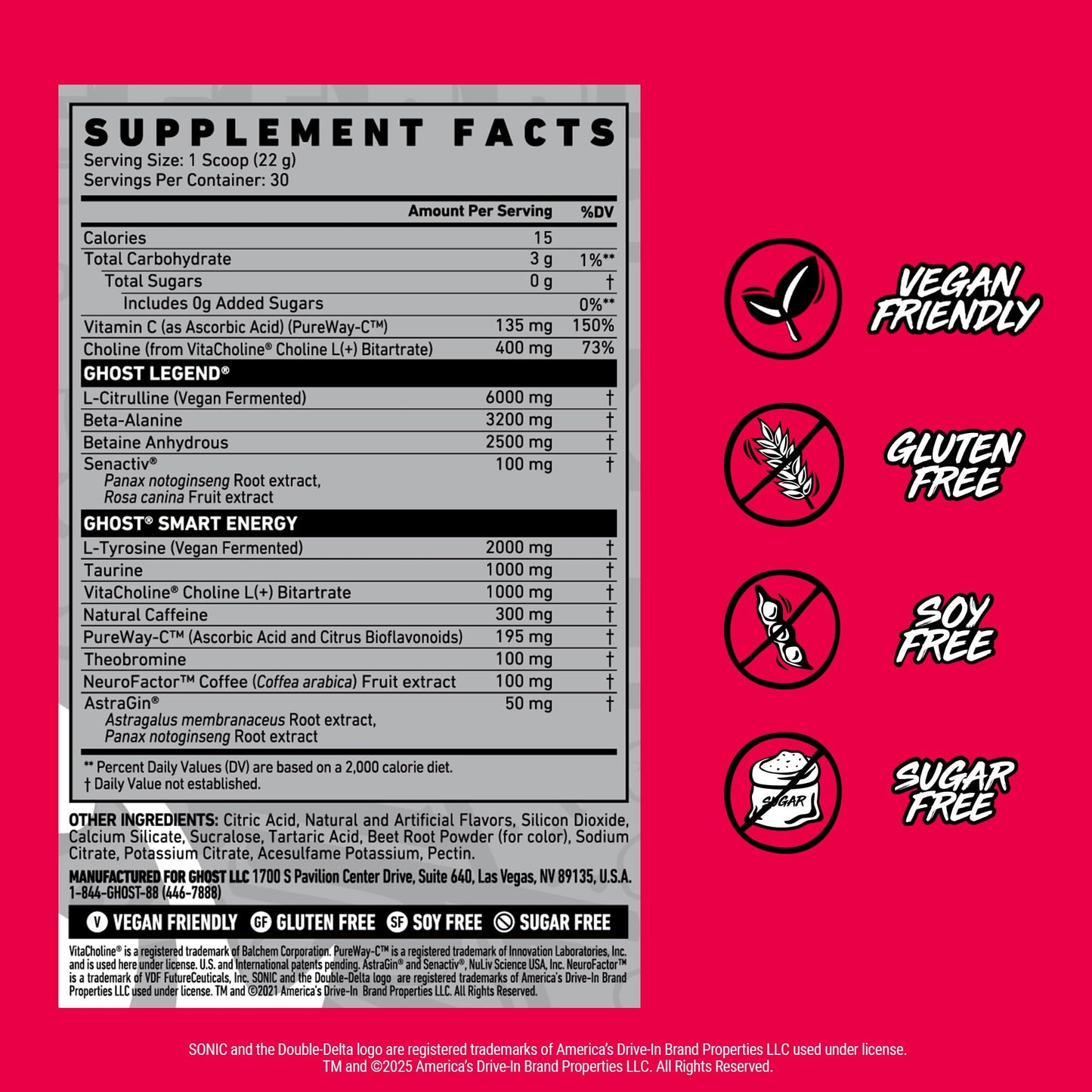 GHOST Legend Pre Workout Powder, Sonic Cherry Limeade - 30 Servings – Pre-Workout for Men & Women with Choline, L-Citrulline,