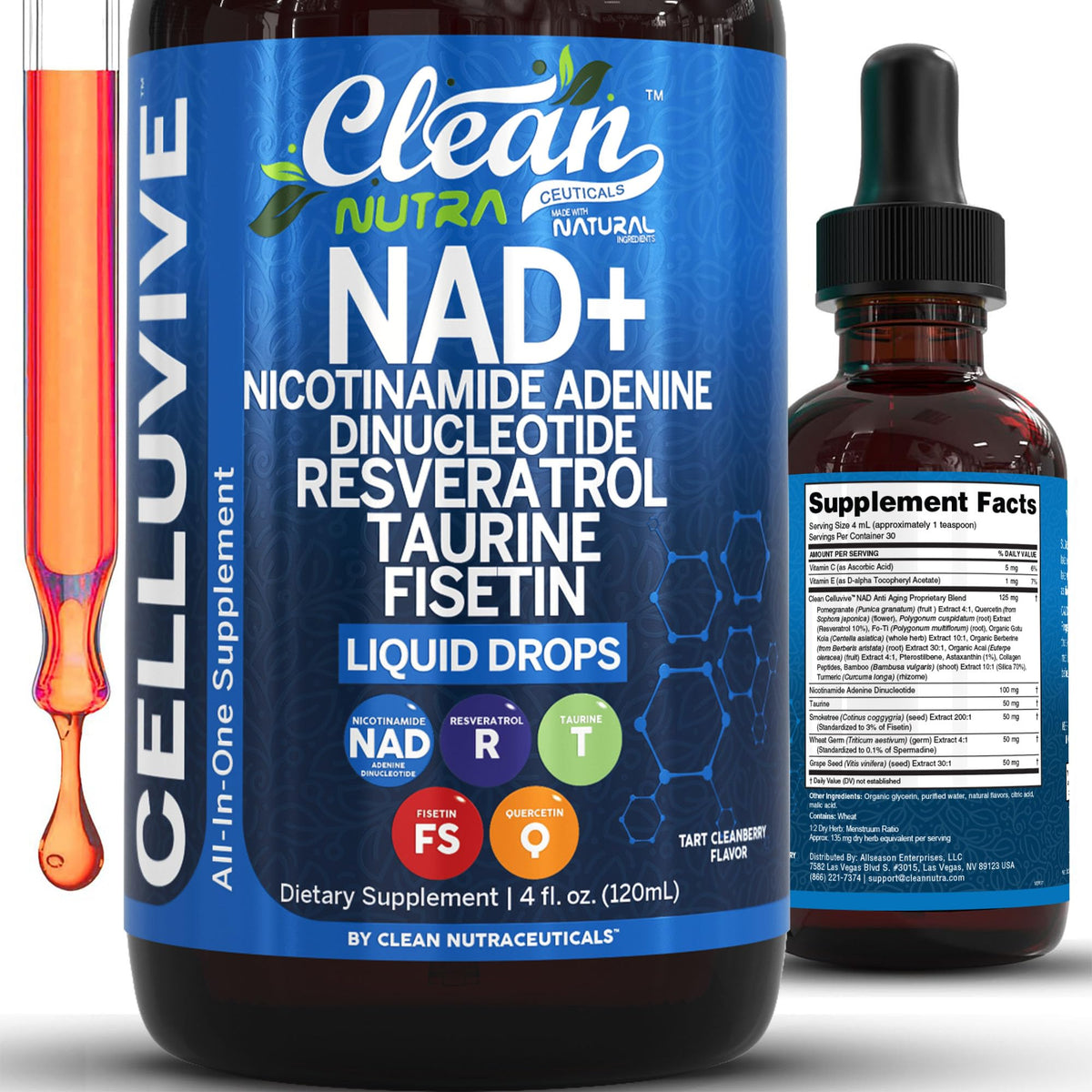 Clean Nutra NAD Liquid Supplement Drops Resveratrol Polyphenols Liposomal Taurine Fisetin Grape Seed Extract Japanese Knotweed Fo Ti Anti Aging NAD+ Nicotinamide Adenine Dinucleotide for Women & Men Clean NutraceuticalsBuy Supplements Australia