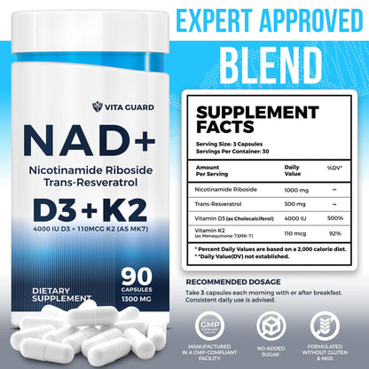 Anti-Aging Energy NAD Supplement – NMN Alternative with Nicotinamide Riboside 1000mg, Trans-Resveratrol 300mg, Vitamin D3 4000 IU and K2 110 mcg MK7 – Vegetarian 60 Capsules, 1300mg Vita GuardBuy Supplements Australia