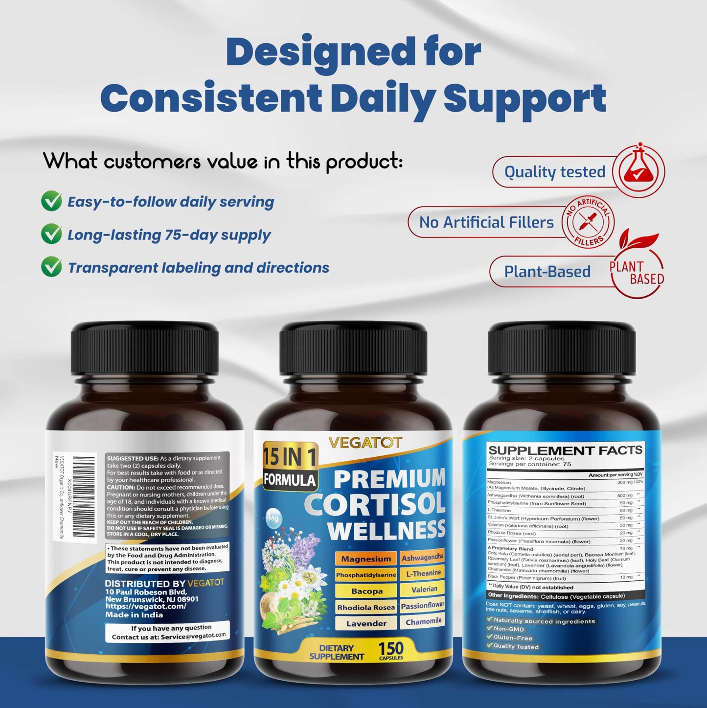 VEGATOT Organic Cortisol Wellness Complex 15-in-1 Formula with Magnesium Ashwagandha St. John's Wort Valerian Rhodiola Rosea Passionflower Chamomile VEGATOTBuy Supplements Australia