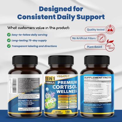 VEGATOT Organic Cortisol Wellness Complex 15-in-1 Formula with Magnesium Ashwagandha St. John's Wort Valerian Rhodiola Rosea Passionflower Chamomile VEGATOTBuy Supplements Australia