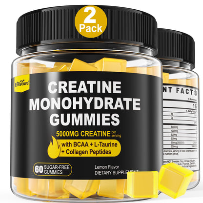 Creatine Monohydrate Gummies for Men & Women - with BCAA, Collagen Peptides, L-Taurine, Vitamin B12, D3, Chewables Creatine Monohydrate 5g Per Serving, Natural Lemon Flavor, Sugar Free, 2 Pack EnvyCureBuy Supplements Australia