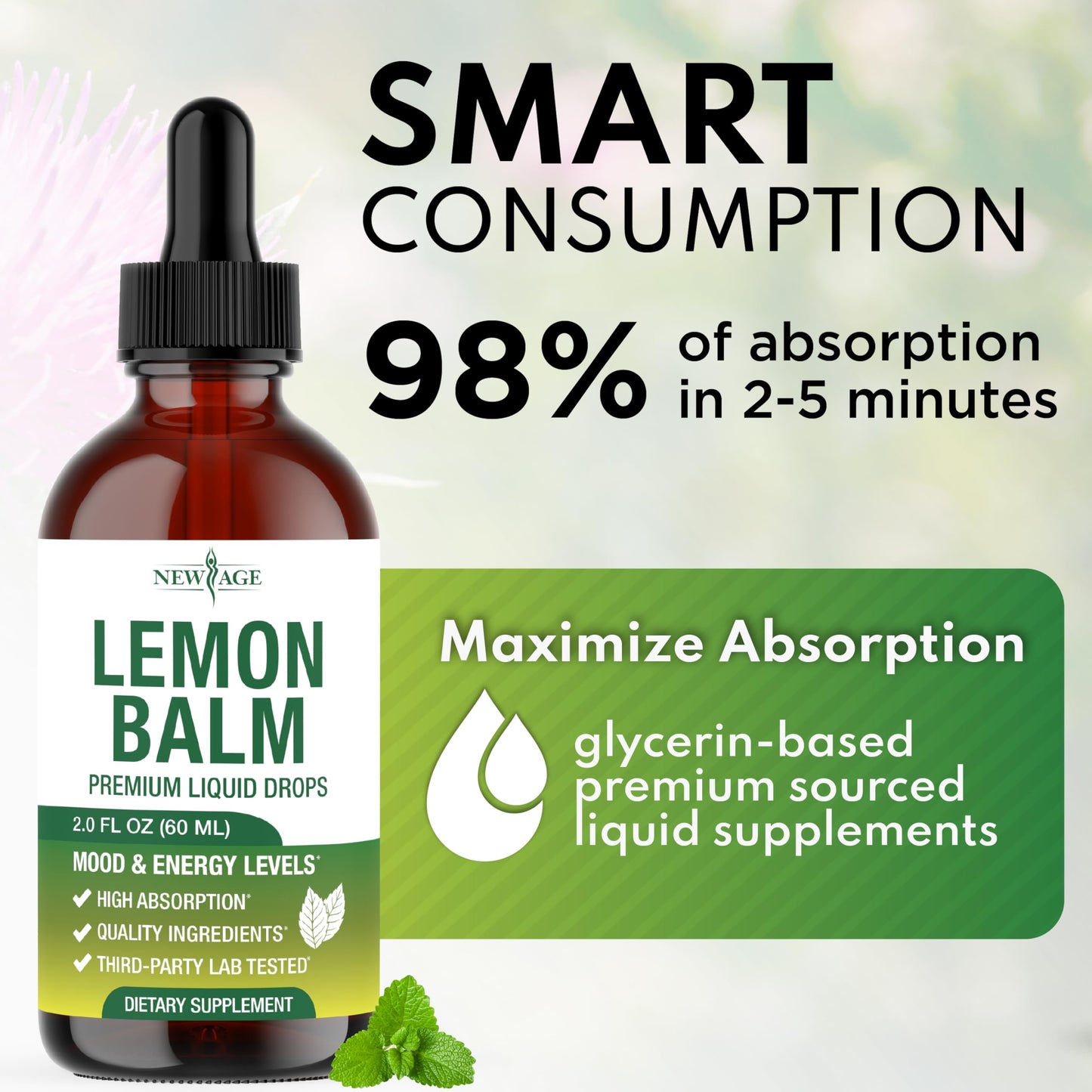 NEW AGE Lemon Balm Tincture - Mood Support Supplement - Lemon Balm Leaf Extract Drops - Vegan, Sugar & Alcohol-Free Calming Supplement - 4 fl oz NEW AGE buy supplements Au