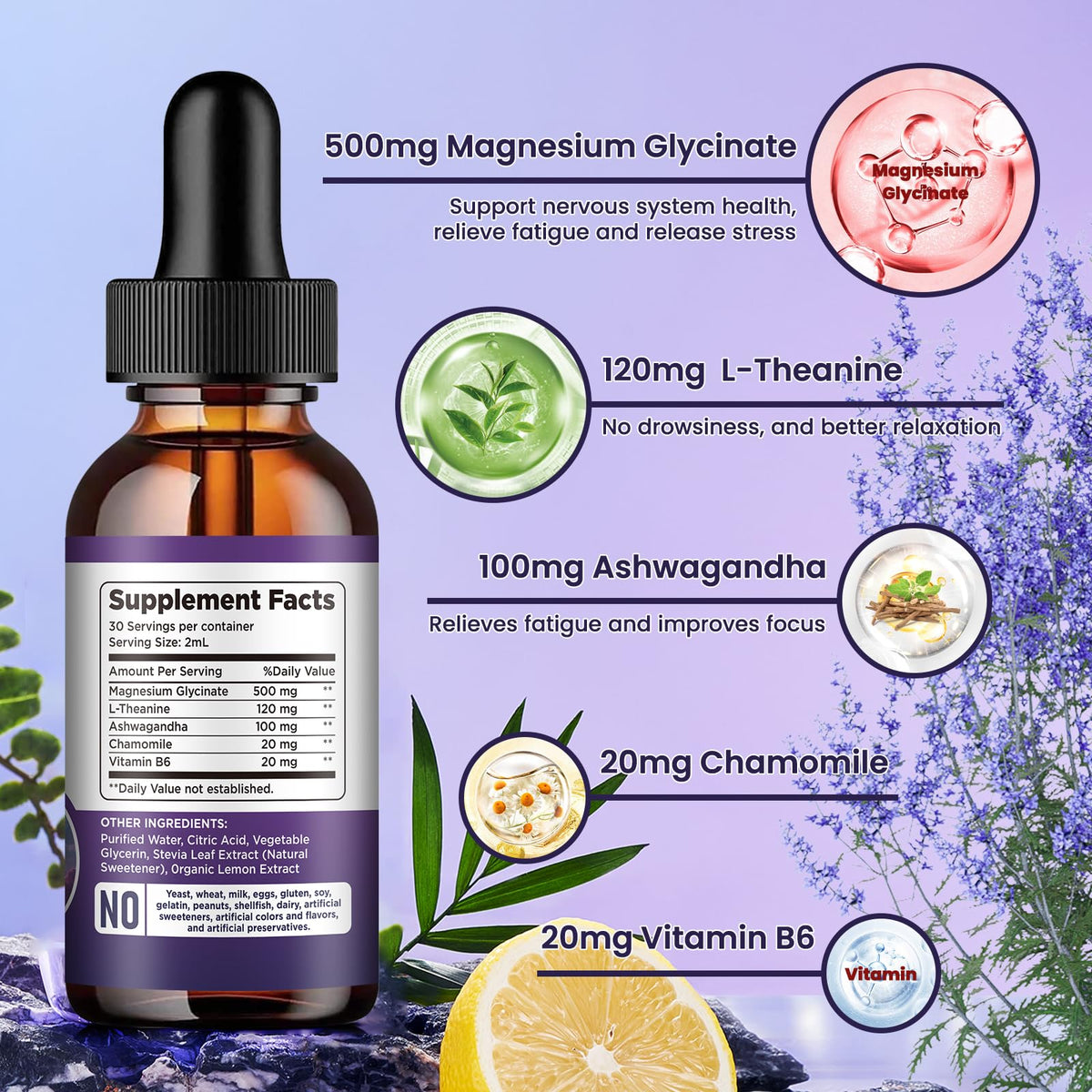 Magnesium Glycinate Supplement, Magnesium Liquid Drops with Magnesium Glycinate 500mg Vitamin B6, Ashwagandha, L - Theanine, Chamomile