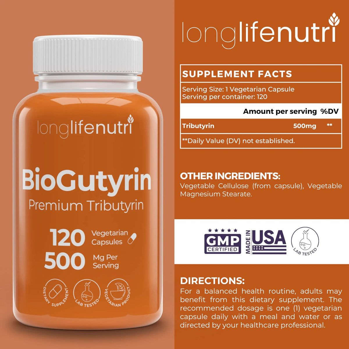 BioGutyrin – Tributyrin 500mg, Postbiotic Supplement for Gut Function & Nutrient Absorption, 120 Vegetarian Capsules, Butyric Acid for Butyrate Production, 4-Month Supply, GMP Certified, Made in USA LongLifeNutriBuy Supplements Australia