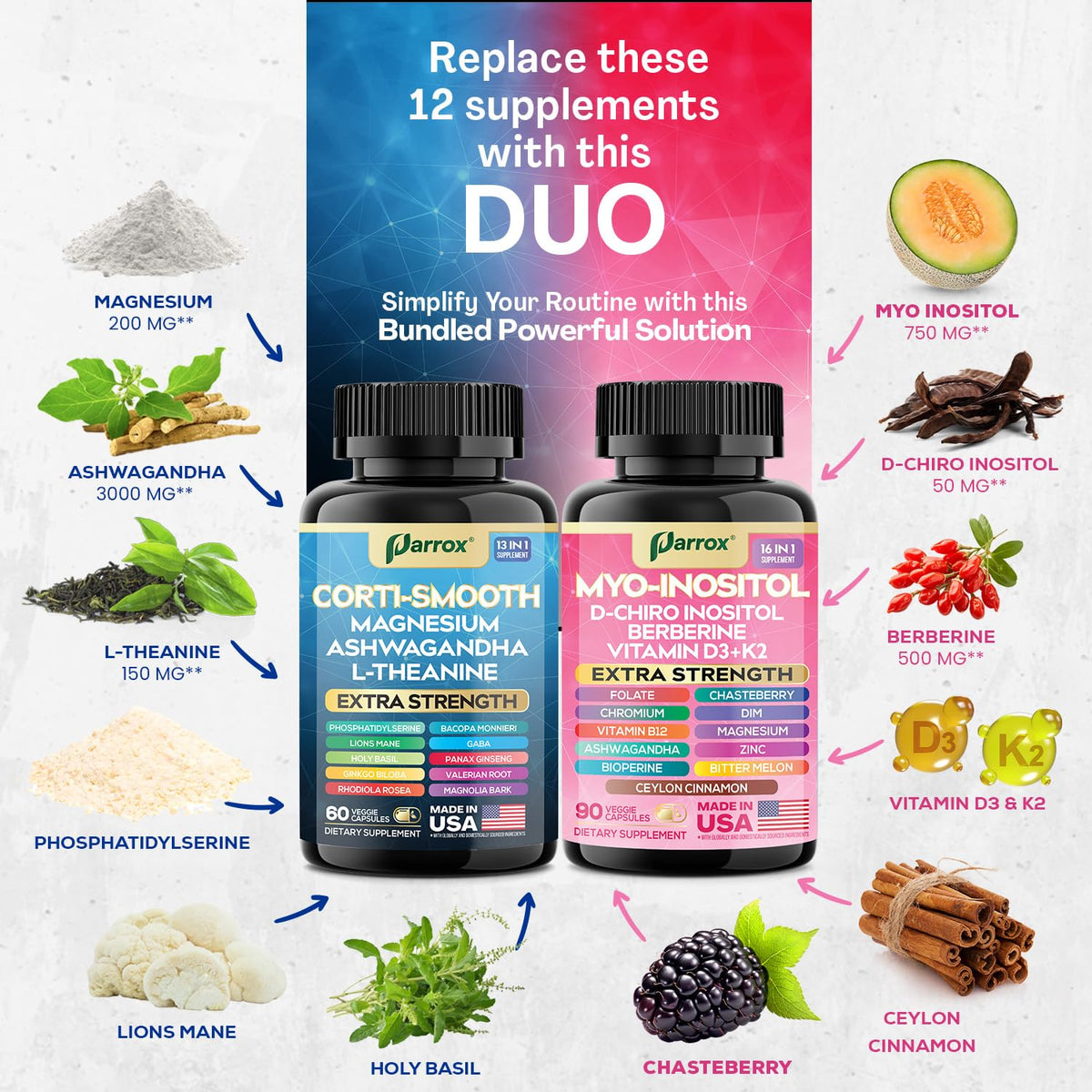 Parrox Cortisol & Myo-Inositol Supplement Bundle, Soothe & Smooth Bundle, 13-in-1 Cortisol Balance, Magnesium, Ashwagandha, L-Theanine, D-Chiro Inositol, Folate, Berberine, Chasteberry (150 Capsules) ParroxBuy Supplements Australia