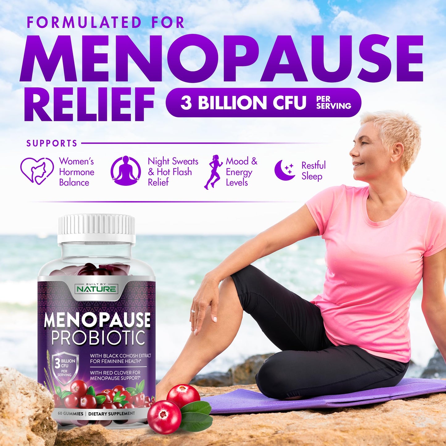 Menopause Supplements for Women - Menopause Probiotic Gummy - Women’s Menopause Relief for Hot Flashes, Night Sweats & Mood Swings with Black Cohosh & Cranberry - Non-GMO, Vegan - 60 Gummies Built by NatureBuy Supplements Australia