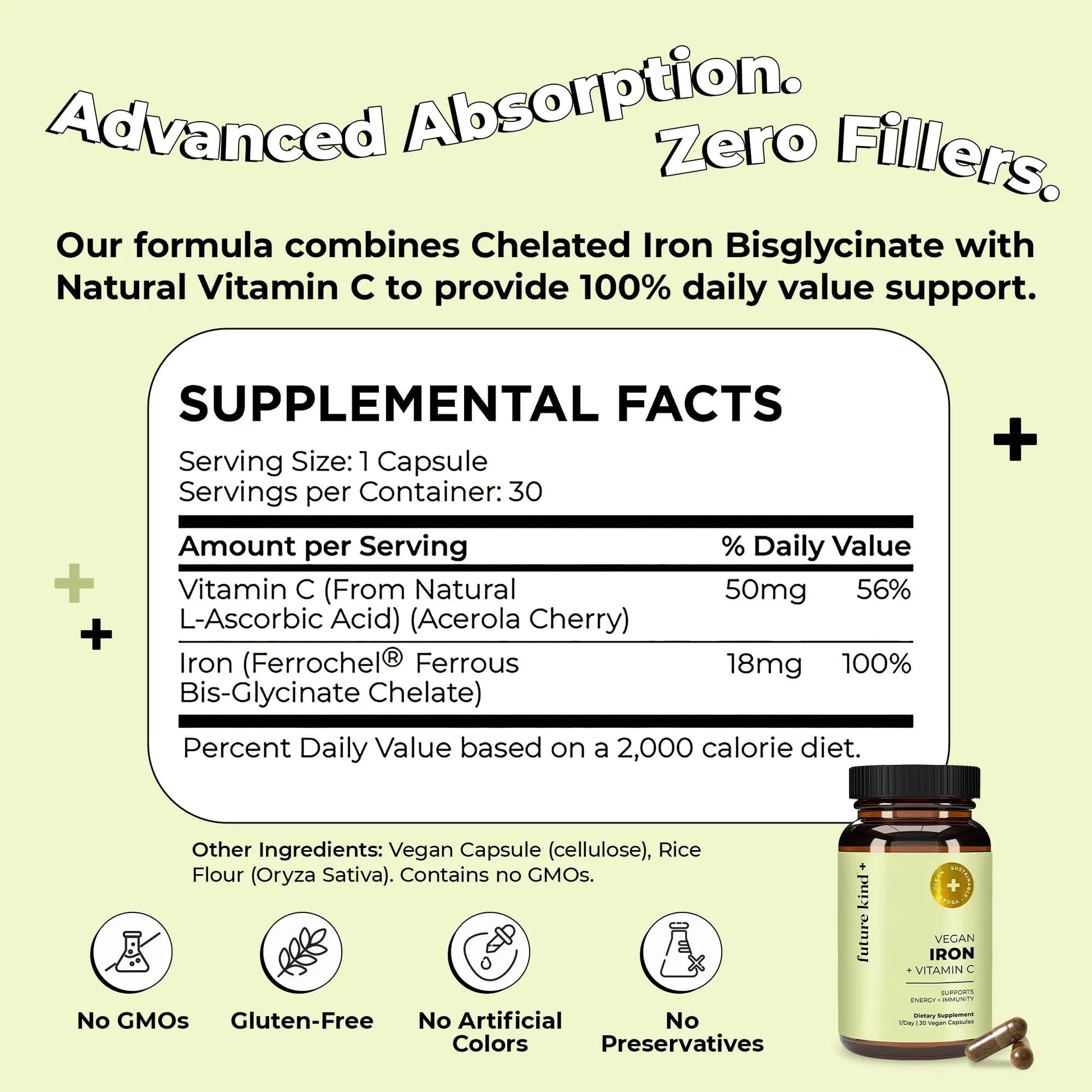 Future Kind Iron Supplement for Women and Men, Daily Energy & Focus, Chelated Iron Bisglycinate, 18mg 100% DV with Vitamin C for Absorption - Gentle on Stomach, Non-GMO Vegan Capsules, 30 Day Supply Future Kind buy supplements Au