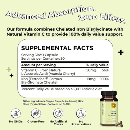 Future Kind Iron Supplement for Women and Men, Daily Energy & Focus, Chelated Iron Bisglycinate, 18mg 100% DV with Vitamin C for Absorption - Gentle on Stomach, Non-GMO Vegan Capsules, 30 Day Supply Future Kind buy supplements Au