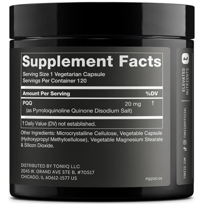 Toniiq 99%+ 20mg Supplement - Ultra High Purity PQQ 20mg Concentrated Formula - PQQ 20 mg 120 Capsules - Pyrroloquinoline Quinone Supplement - 1 Capsule Serving - Vegetarian Capsules Toniiq buy supplements Au