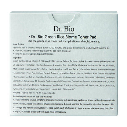 Dr.Bio Green Rice Biome Toner Pad (5.54oz/60 Pads) with Probiotic, Exfoliating, Remove Blackheads & Whiteheads, Radiant Skin, Dual-Sided Pad for Sensitive Skin, Fragrance-Free, Vegan Korean Skincare Dr.Bio buy supplements Au