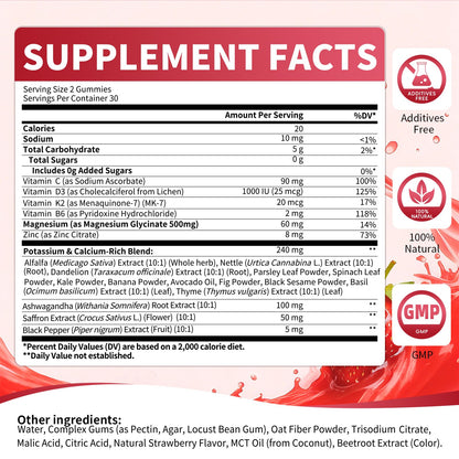 2 Pack Potassium Magnesium Gummies, Sugar Free Potassium Supplement Magnesium Glycinate 500mg, Ashwagandha, Vitamins D3, C, B6, Calcium & Zinc for Sleep, Leg Cramps & Muscle Relaxation-120 Count MABEFYBuy Supplements Australia
