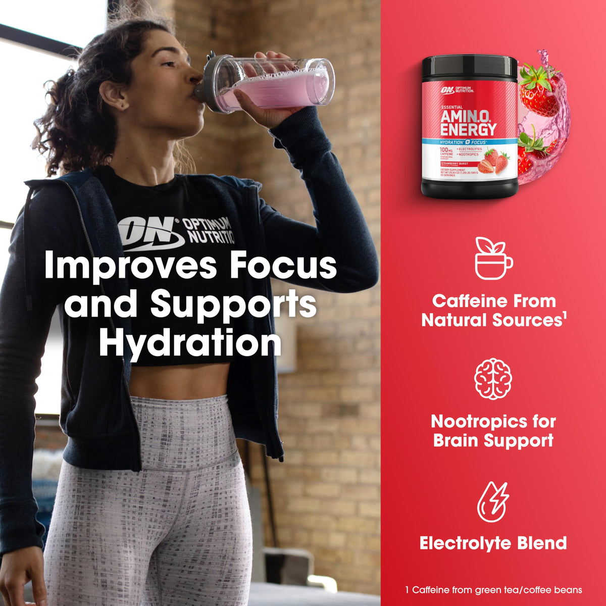 Optimum Nutrition Amino Energy Powder Plus Focus, with BCAA, Electrolytes, and Caffeine, Strawberry Burst, 65 Servings Optimum NutritionBuy Supplements Australia