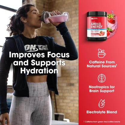 Optimum Nutrition Amino Energy Powder Plus Focus, with BCAA, Electrolytes, and Caffeine, Strawberry Burst, 65 Servings Optimum NutritionBuy Supplements Australia