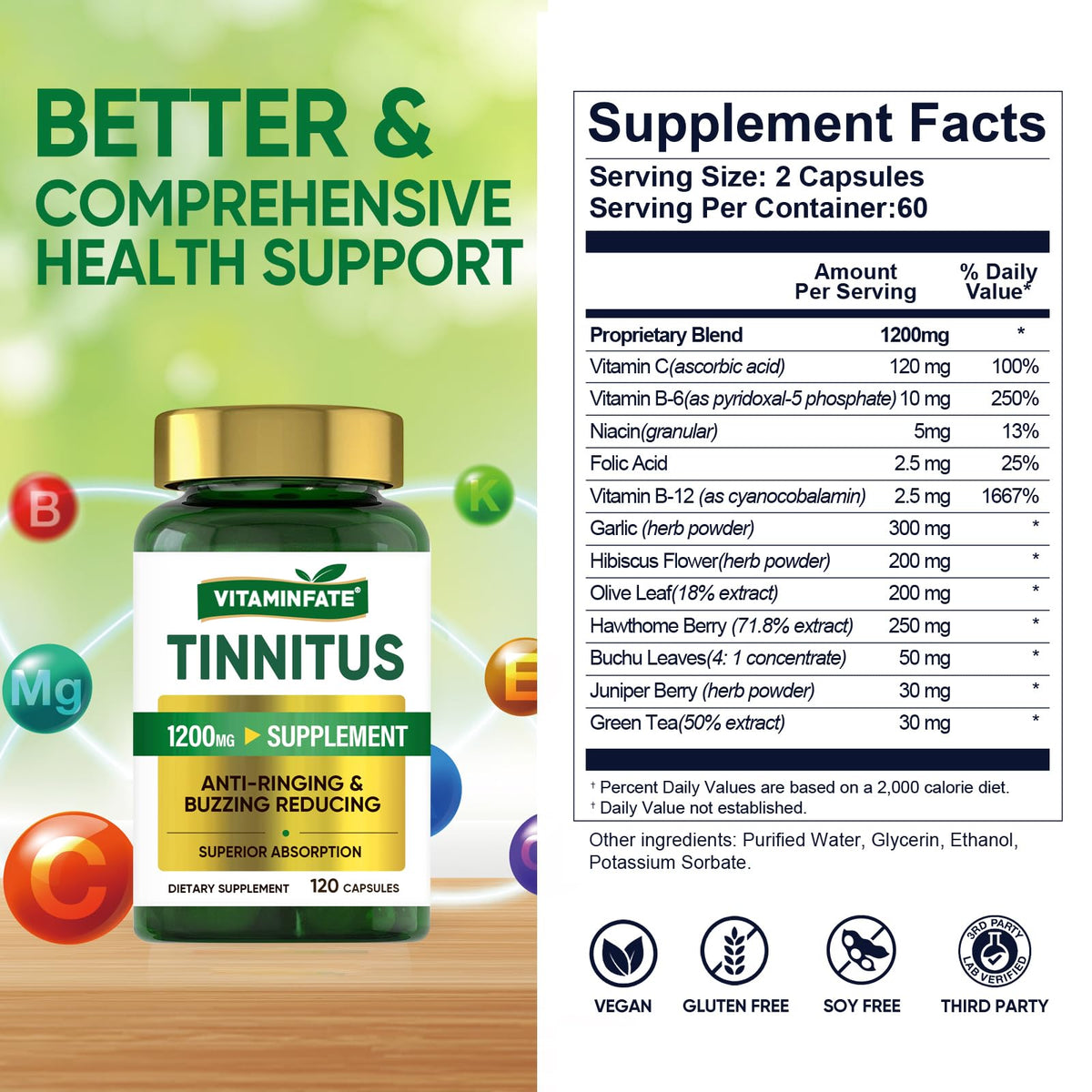 Tinnitus Relief for Ringing Ears 1200mg - 120 Capsules Advanced Ear Health Support Supplement | Supports Ear Health and Reduces Tinnitus Symptoms - Non-GMO & Vegan VITAMINFATEBuy Supplements Australia